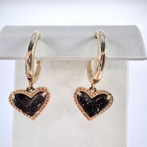 Kendra Scott Ari Heart Black Drusy Huggie Earrings Gold Tone Signed Dainty Cute